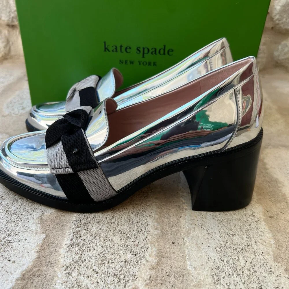 Kate Spade Leandra Heel Loafers Silver Mirror 8 M NEW NWT - Picture 7 of 10